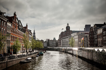  view of the canals of Amsterdam on a cloudy spring day