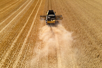 aerial view of a modern combine harvester in action ending harvesting a wheat field