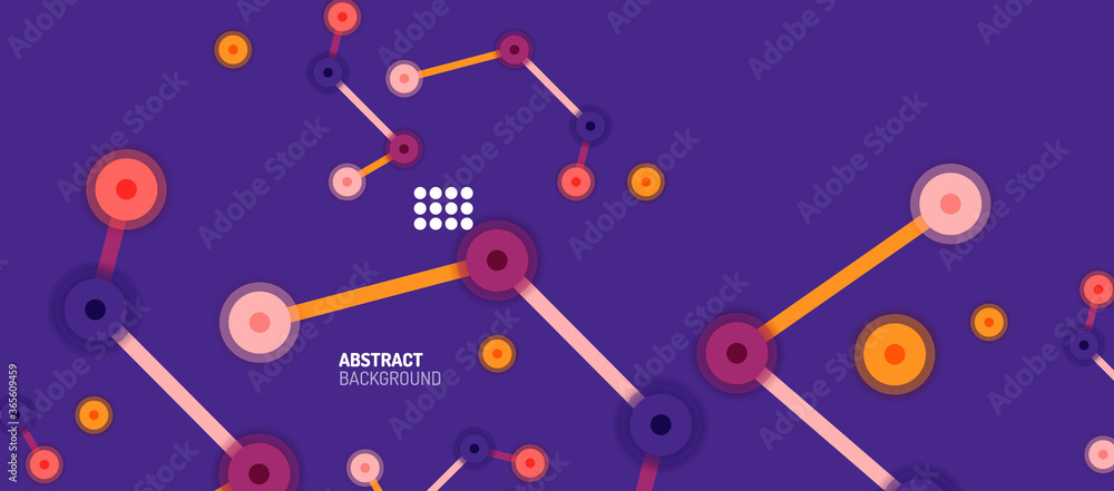 Poster flat style geometric abstract background, round dots or circle connections on color background. tech
