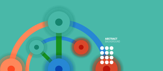 Flat style geometric abstract background, round dots or circle connections on color background. Technology network concept.