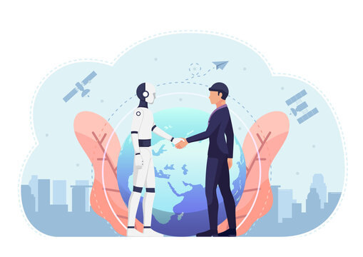 Businessman And Ai Robot Shaking Hand Of Against The World And Satellite In Background