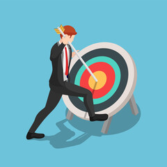 Isometric businessman pinned arrow at the center of target