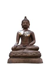 Old and dusty Buddha statue on white background.