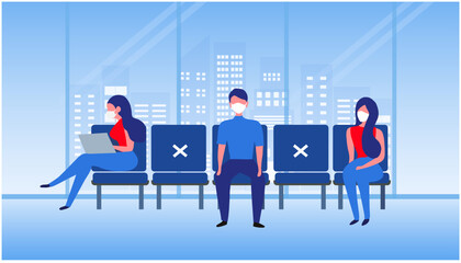 New normal concept and social distancing people keep distance from each other and wearing face mask prevention from disease outbreak vector illustration. New normal after COVID-19 pandemic concept 