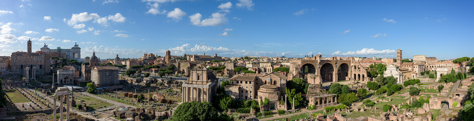 Fototapeta na wymiar Panorama of the ancient Roman Forums, an archeological park with temples and basilicas near the Coliseum in Rome, Italy