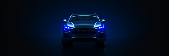 Naklejka premium Sports car, studio setup on a dark background. 3d rendering