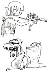 girl soldier and stray dog