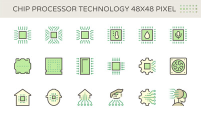 Computer chip processor and technology vector icon set, 48X48 pixel perfect and editable stroke.