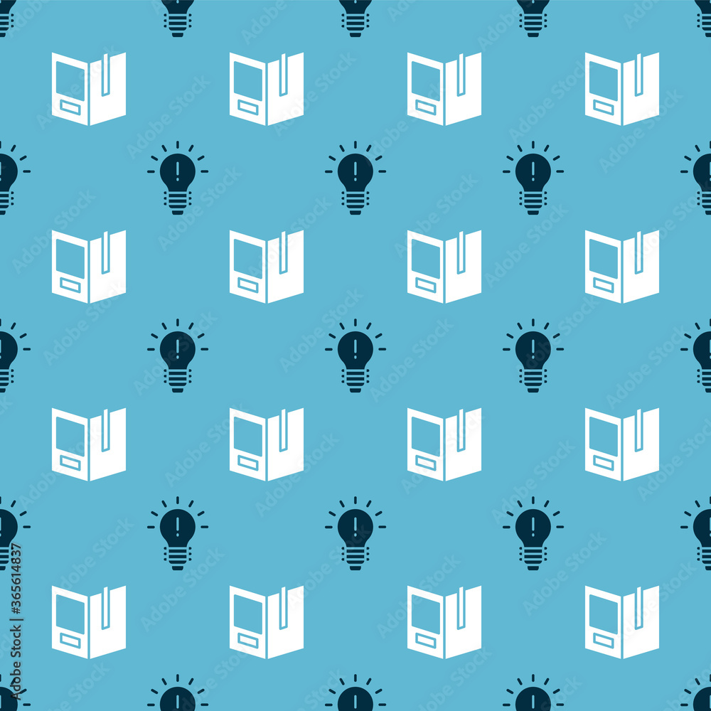 Poster set light bulb with concept of idea and open book on seamless pattern. vector.
