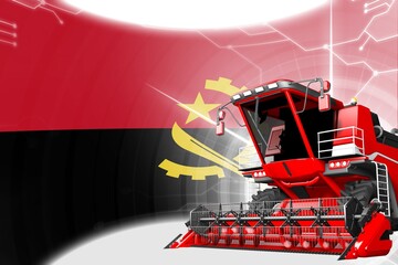 Obraz na płótnie Canvas Digital industrial 3D illustration of red advanced grain combine harvester on Angola flag - agriculture equipment innovation concept
