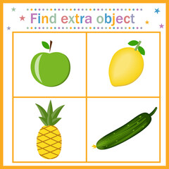Map for children's development, find an extra object where a vegetable is among the fruits, a cucumber is extra. Vector illustration. Design of children's books, preschool education