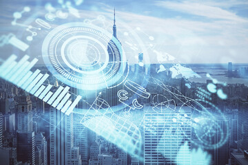 Double exposure of business theme hologram drawing and city veiw background. Concept of success.