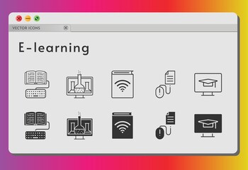 e-learning icon set. included chemistry, audiobook, homework (1), homework, student-desktop, click icons on white background. linear, filled styles.