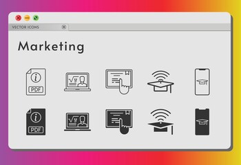 marketing icon set. included student-smartphone, professor, pdf, cap, touchscreen icons on white background. linear, filled styles.