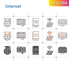 internet icon set. included ebook, school, book, book (2) icons on white background. linear, bicolor, filled styles.