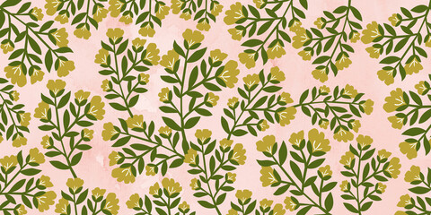 seamless pattern with green leaves and flowers design for textile