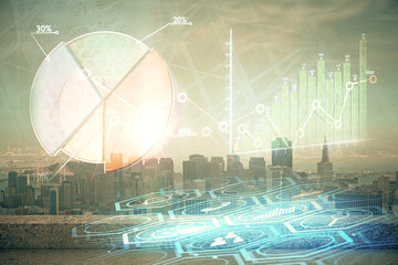 Forex graph on city view with skyscrapers background multi exposure. Financial analysis concept.