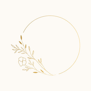 Golden circle frame with flowers and leaves. Vector hand drawn illustration.
