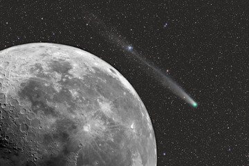 The comet flies in outer space. Moon with craters. Asteroid threat concept.