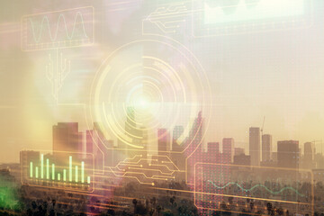 Data theme hologram drawing on city view with skyscrapers background multi exposure. Bigdata concept.