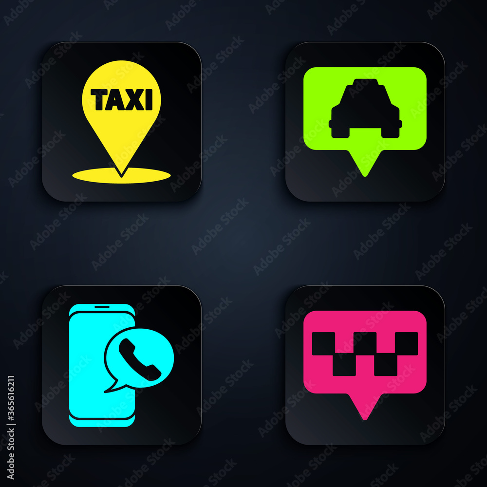 Poster set map pointer with taxi, map pointer with taxi, taxi call telephone service and map pointer with t