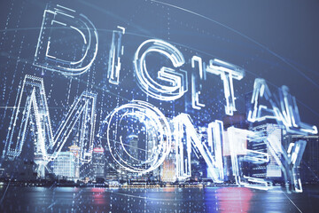 Multi exposure of cryptocurrency theme hologram drawing and city veiw background. Concept of blockchain and bitcoin.