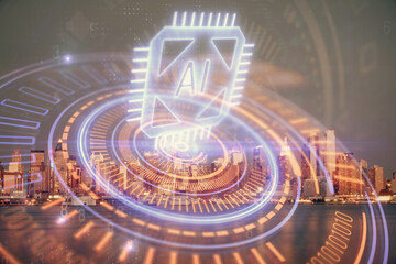 Data theme hologram drawing on city view with skyscrapers background double exposure. Ai concept.