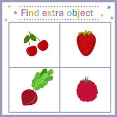 Map for the development of children, find an extra object where a vegetable among the berries, beets extra. Vector illustration. Design of children's books, preschool education