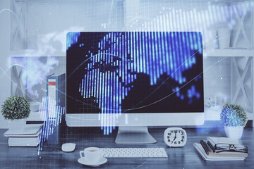 Double exposure of business theme icons and work space with computer background. Concept of success.