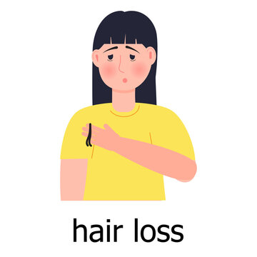 Hair loss icon vector. Unhappy girl loses her hair, goes bald. Problems with the hair bulbs.