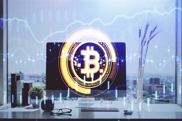 Double exposure of blockchain and crypto economy theme hologram and table with computer background. Concept of bitcoin cryptocurrency.