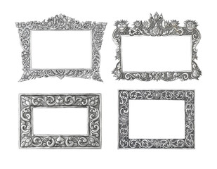 collection of old decorative silver frame - handmade, engraved - isolated on white background