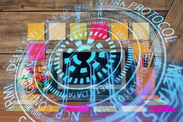 Multi exposure of desktop with computer on background and tech theme drawing. Concept of big data.