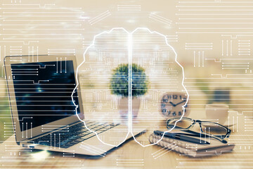 Double exposure of desktop computer and human brain drawing hologram. Ai concept.
