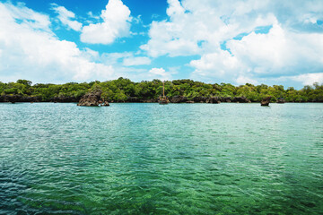 Fototapeta premium Boat near island with greenery in Zanzibar
