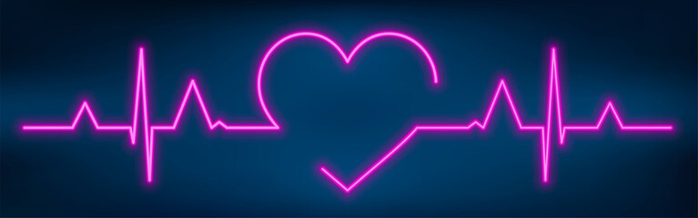 Neon heart beat with heart shape. Healthy electrocardiogram or ECG. One pulse line. Glow violet health cardiogram infographic. Glowing healthcare rate. Medical vector illustration.