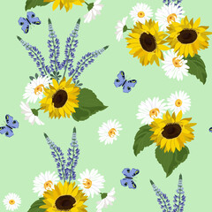 Seamless vector illustration with sunflowers, lupine, chamomile and butterfly
