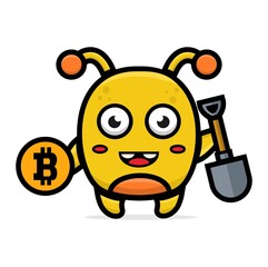 cartoon yellow monster holding money bag and shovel