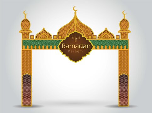 Ramadan background with golden event entrance arch, with golden arabic pattern, background for holy month of muslim community Ramadan Kareem