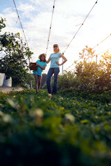 Modern family picking blueberries on a organic farm - family business concept.