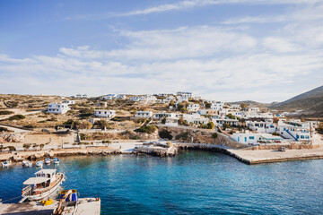 Greece travel, beach on Donousa island, famous destination in Europe, panorama landmark with beach, village buildings and sea, travel concept