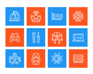 Robotics, mechanical engineering, robots linear icons set