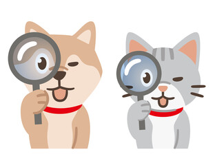 Fototapeta premium 虫眼鏡を覗く犬と猫