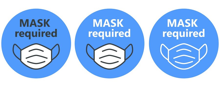 Social distancing concept for preventing coronavirus covid-19 with wording Mask required on blue circel background. warning or caution sign.