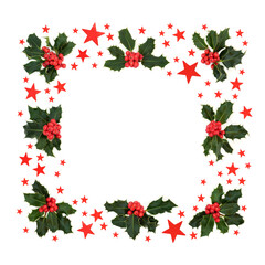 Square star & red holly berry wreath on white background with copy space. Abstract winter, Christmas & New Year design & border for the festive season. 
