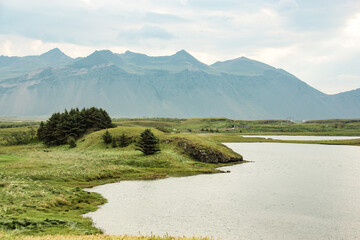 green lake shore, small mountains are on the horizon, nature of Iceland - obrazy, fototapety, plakaty