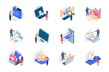 Business accounting isometric icons set. Financial management, consulting and audit service flat vector illustration. Stock trading, investing analytics 3d isometry pictograms with people characters.