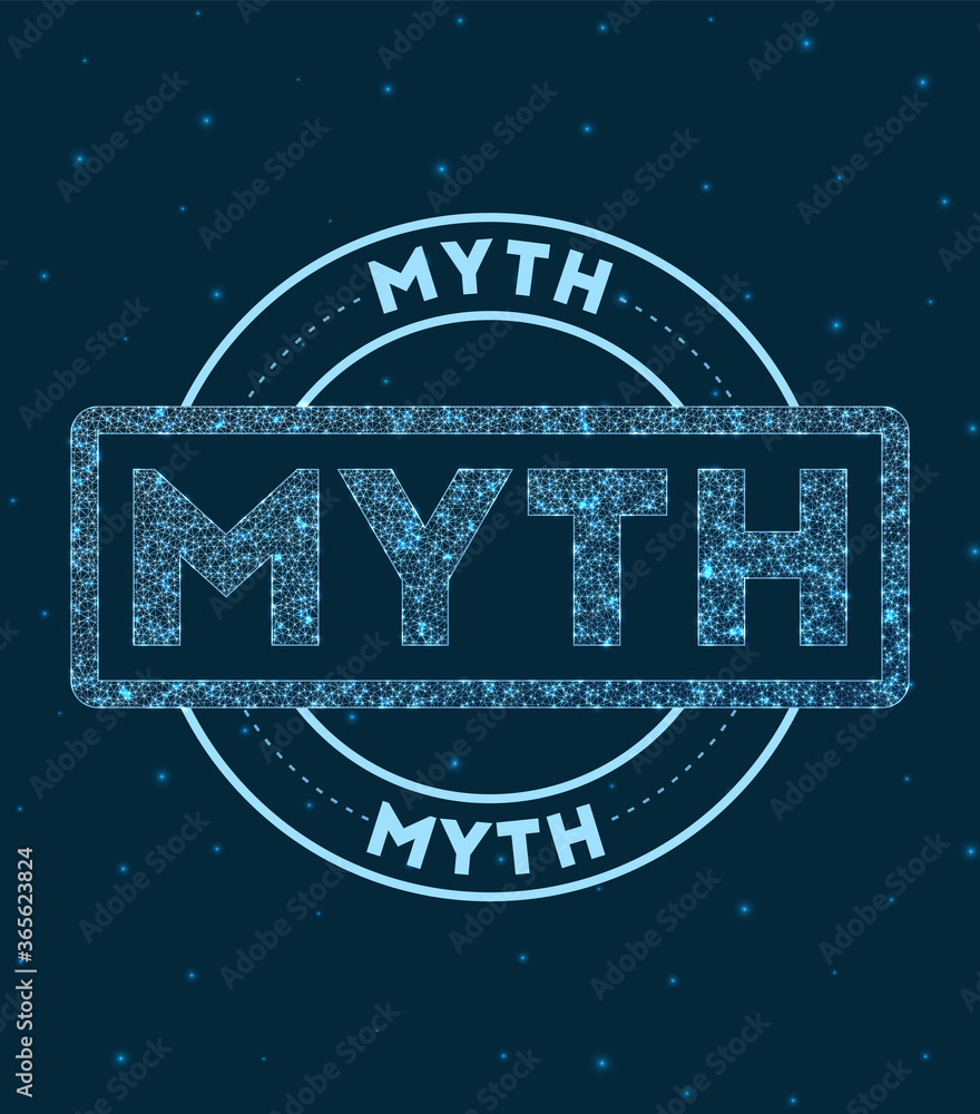 Poster myth. glowing round badge. network style geometric myth stamp in space. vector illustration.