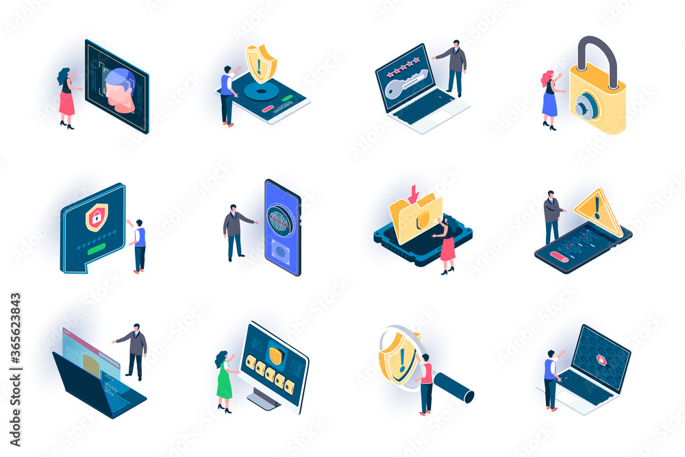 Aufkleber Cyber security isometric icons set. Secure of information flat vector illustration. Internet privacy, password access, firewall and identification 3d isometry pictograms with people characters.