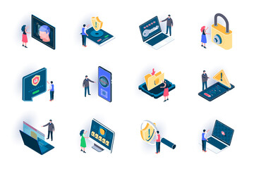 Cyber security isometric icons set. Secure of information flat vector illustration. Internet privacy, password access, firewall and identification 3d isometry pictograms with people characters.